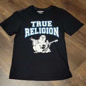 True Religion Black Tee with Blue Graphic